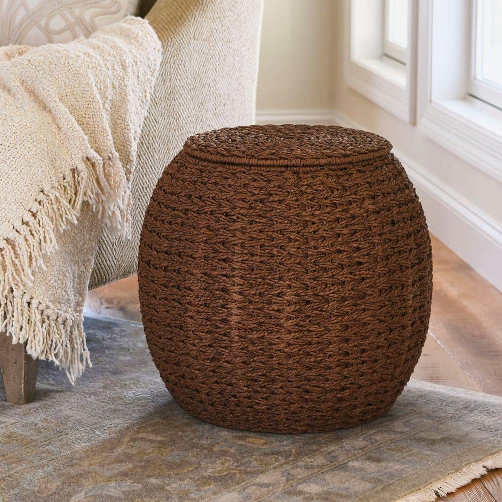 Brown Paper Rope Woven Round Storage Basket Side Table