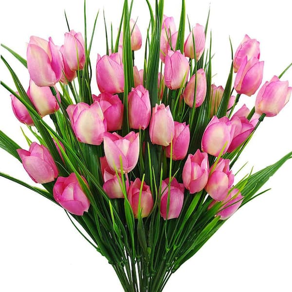15.25 in. Light Pink 8 Bundles Outdoor Artificial Tulips Fake Flowers UV Resistant Faux Plastic Greenery Shrubs Plants