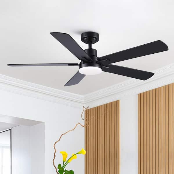 MODERN HABITAT 52 in. Integrated LED Indoor Downrod Mount Matte Black Standard Ceiling Fan with Dimmable Light and Remote DC Motor