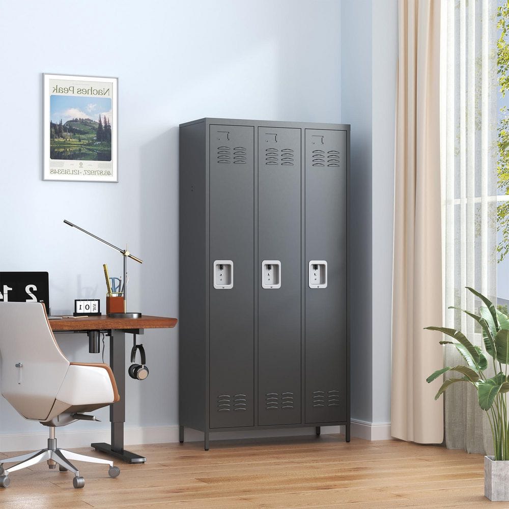 72 in. H Black Gray 3-Door Metal Storage Cabinet with Lock for Home Gym Office School Garage