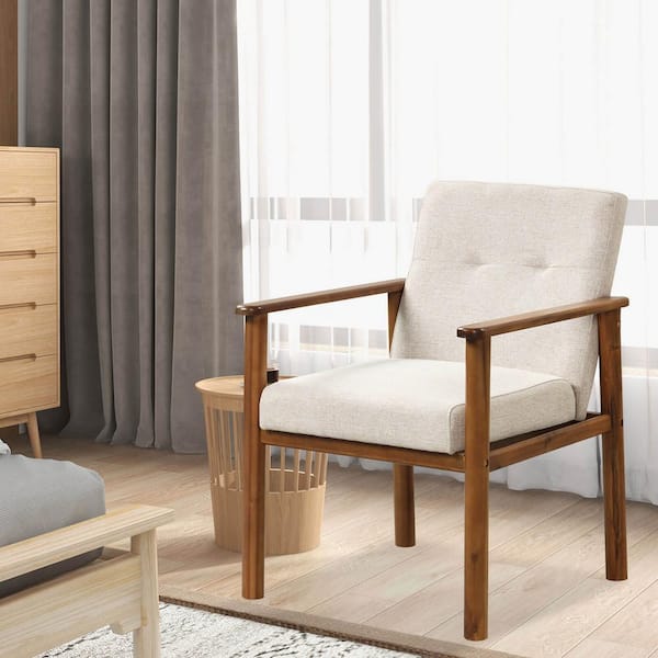 Costway Modern Accent Chair Upholstered Linen Fabric Armchair with Solid Wood Legs
