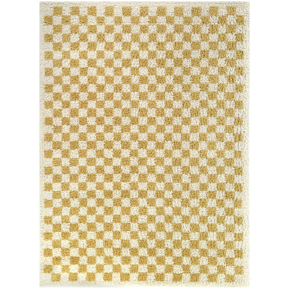 Balta Covey Plush Checkered Thick Shag Area Rug Mustard 8ft x 10ft   Gold  Off-White