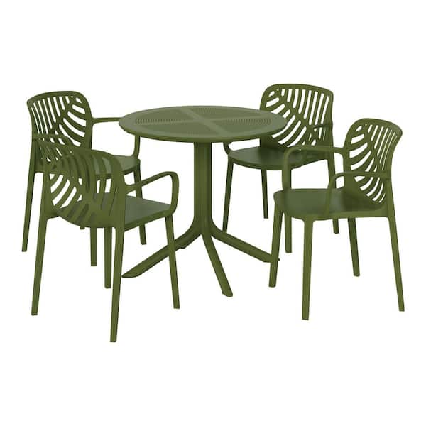 Frond and Form Modern Outdoor Patio Poly Plastic 5-Piece Round Table Dining Set w/ 4-Stackable Chairs in Olive Green