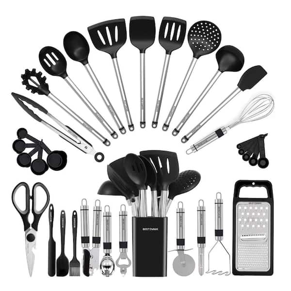  Kitchen Utensils Set- 35 PCs Cooking Utensils with  Grater,Tongs, Spoon Spatula &Turner Made of Heat Resistant Food Grade  Silicone and Wooden Handles Kitchen Gadgets Tools Set for Nonstick Cookware  : Home