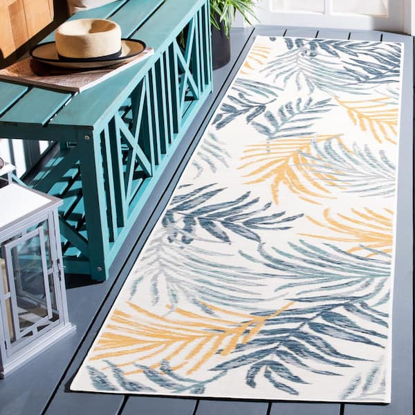 Sunrise Ivory/Blue Gold 2 ft. x 8 ft. Oversized Tropical Reversible Indoor/Outdoor Runner Rug