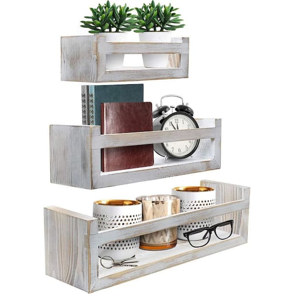 Sorbus 16.2 in. D x 4.6 in W x 4.5 in. H Grey Rustic Wood Decorative Wall Shelves with Crossbar and Brackets