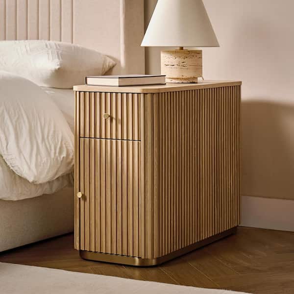 Ines 30 in. Natural Rectangle Wood End Table with Built-In Charging Station