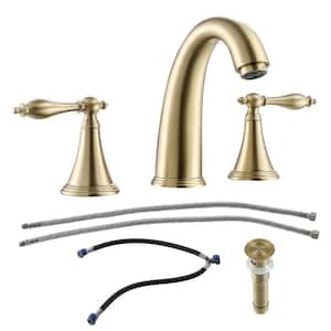 8 in.Widespread 2-Handle 3-Hole Bathroom Hot and Cold Water Vessel Faucets with Matching Pop Up Drain in Gold