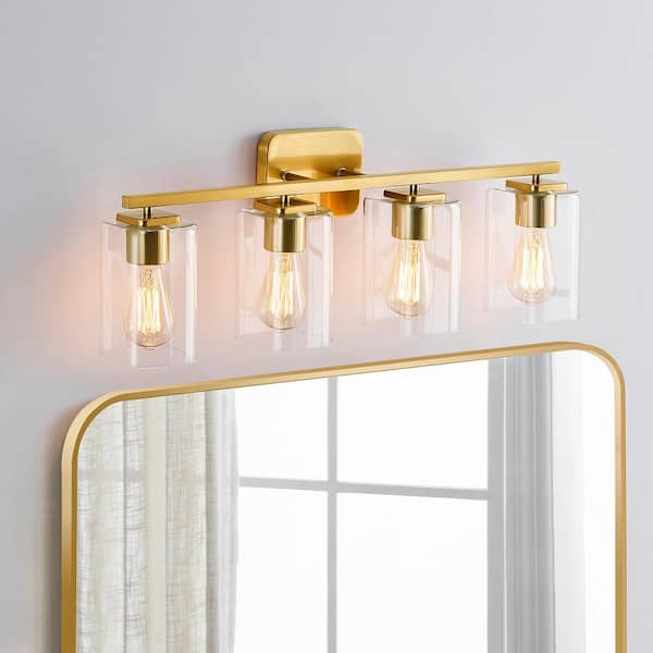 29.25 in. 4-Light Antique Brass Bathroom Vanity Lights with Rectangle Clear Glass Shade