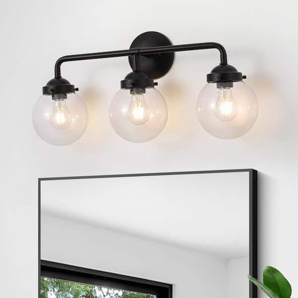 24.02 in. 3-Light Matte Black Vanity Light with Clear Glass Shade Modern Wall Sconces over Mirror Bathroom Light Fixture