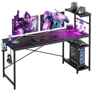 61 in. Rectangular Black Grained Gaming Desk with RGB LED Lights Computer Desk with 4 Tier Storage Shelves and Hook