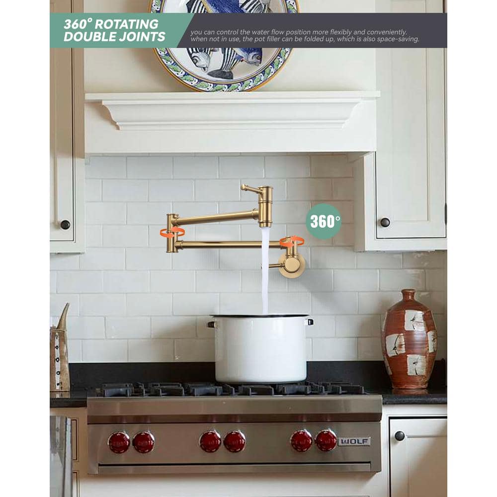 Brushed Gold Wall Mount Double Handle Pot Filler Faucet