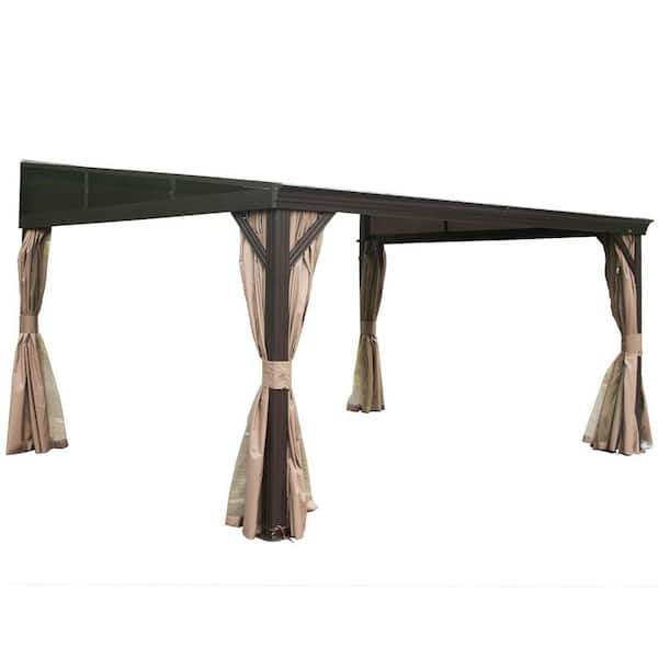 domi outdoor living 12 ft. x 14 ft. Dark Brown Outdoor Aluminum Hardtop Lean to Gazebo with Curtains and Netting