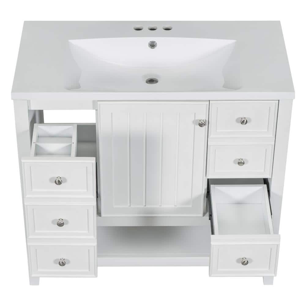 36" White MDF and Ceramic Single Sink Bathroom Vanity with Drawers
