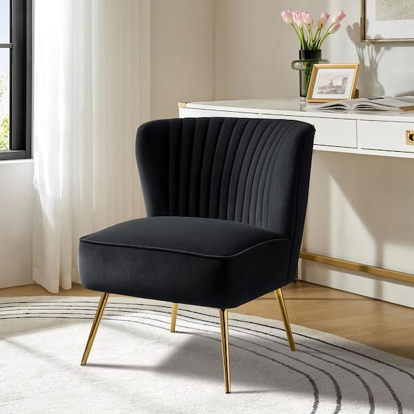 Monica Modern Black Velvet Comfy Living Room Side Chair with Golden Metal Legs