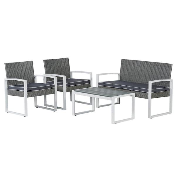 JONATHAN Y Elina 4-Piece Modern Coastal Faux Wicker Patio Conversation Outdoor Patio Set, White/Gray