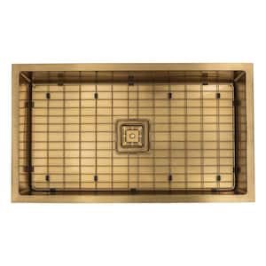 Square Drain Gold Stainless Steel 1/2 in. Radius Single Bowl Undermount Kitchen Sink with Grid and Drain