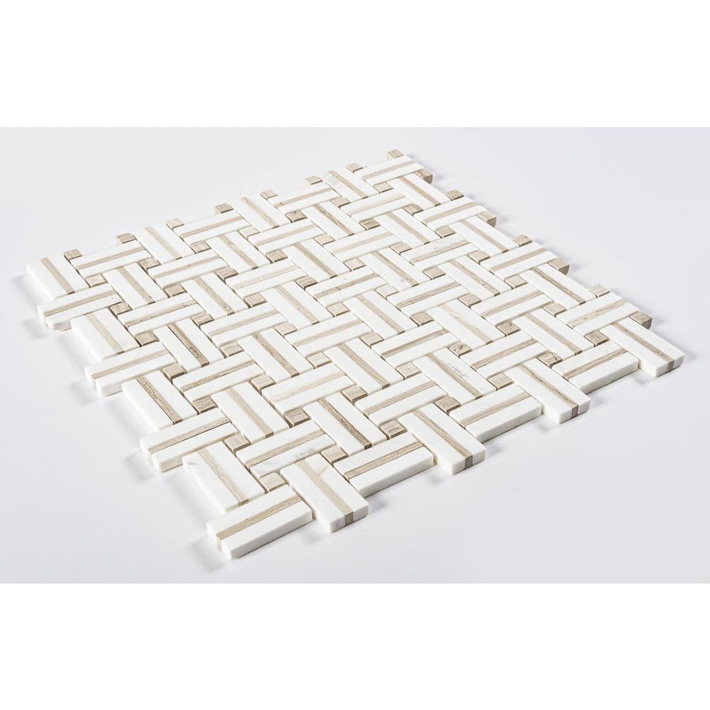 Jacard White and Tan Natural Stone Basketweave Mosaic Tile