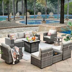 Moonstone 10-Piece Wicker Outdoor Patio Fire Pit Sectional Sofa Set with Beige Cushions and Swivel Rocking Chairs