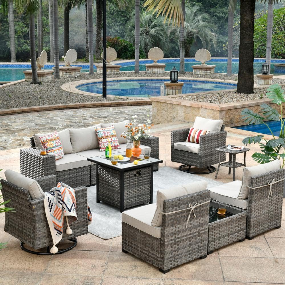 XIZZI Metis 10-Piece Wicker Outdoor Patio Fire Pit Sectional Sofa Set ...