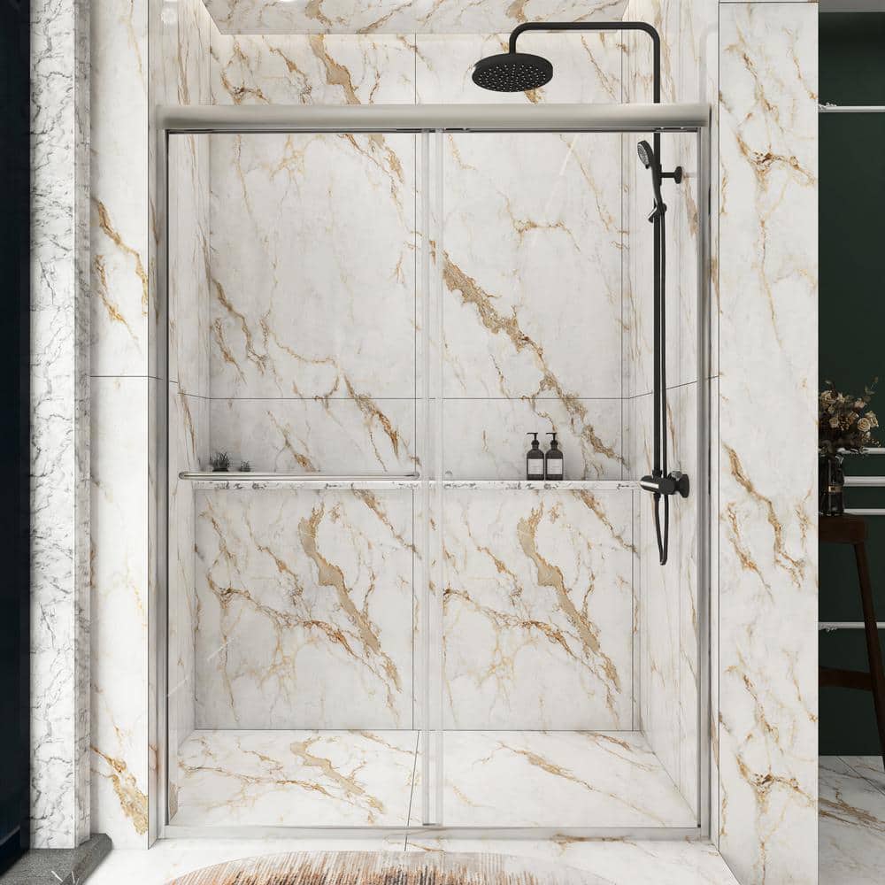 54 in. W x 72 in. H Sliding Semi-Frameless Shower Door in Brushed Nickel Fi