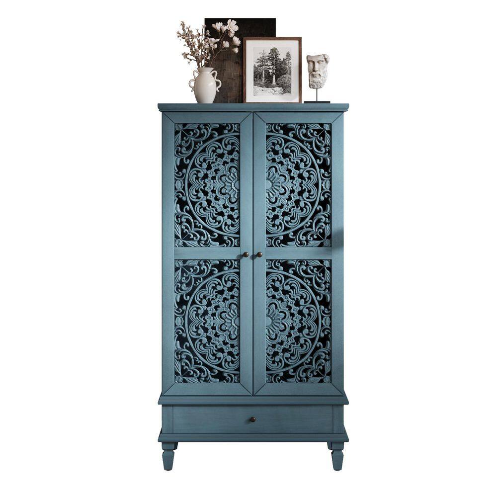 55 in. H Antique Blue Solid Wood & MDF Buffet /Accent Cabinet with Drawer 2-Door Carved Wood Storage price history on PriceWatchPro