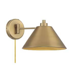 10 in. W x 8 in. H 1-Light Natural Brass Adjustable Wall Sconce with Natural Brass Metal Shade