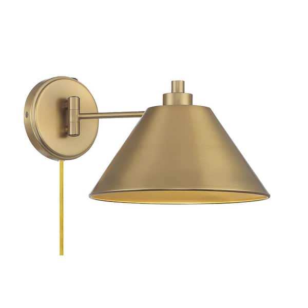 TUXEDO PARK LIGHTING 10 in. W x 8 in. H 1-Light Natural Brass Adjustable Wall Sconce with Natural Brass Metal Shade