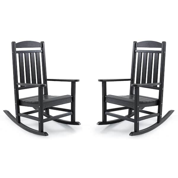 TenKa Set of 2 Black HDPE Plastic Patio Outdoor Rocking Chair All Weather Resistant High Back Porch Rocker Chair