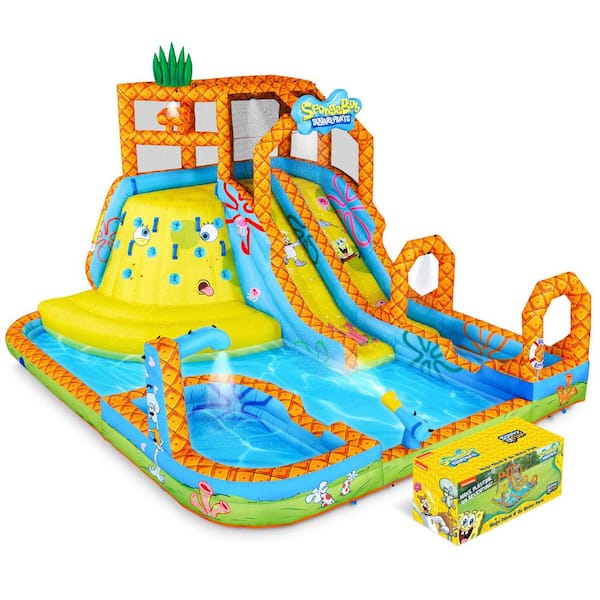 SUNNY & FUN Sponge Bob Mega Climb N' Go Inflatable Water Slide with Climbing Wall, 2-Slides and More
