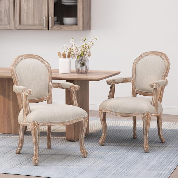 Noble House McKone Beige and Natural Wood and Cane Upholstered Dining Arm  Chair (Set of 2) 107827 - The Home Depot
