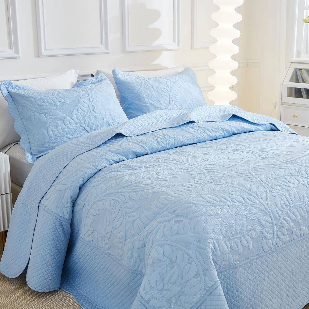 Light Blue Cotton Queen Quilt Set with Pillow Shams