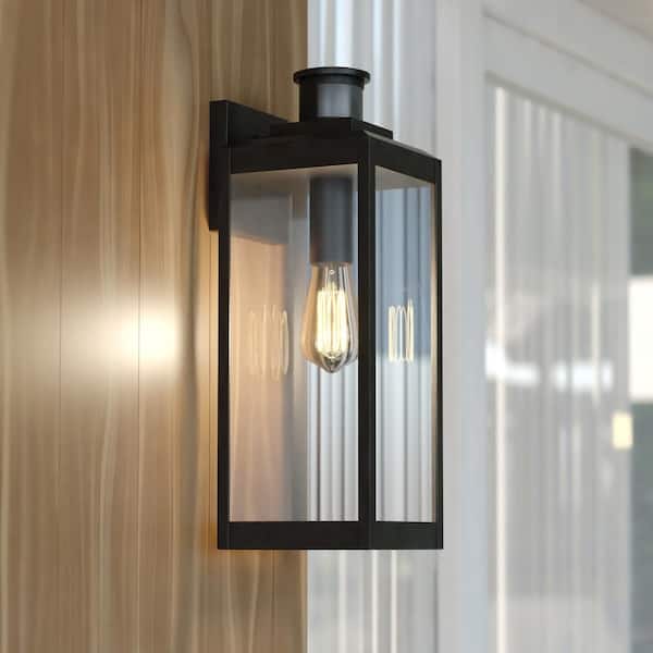 VAXCEL Kinzie Black Motion Sensor Dusk to Dawn Hardwired Outdoor Wall Lantern Light Fixture with Clear Glass