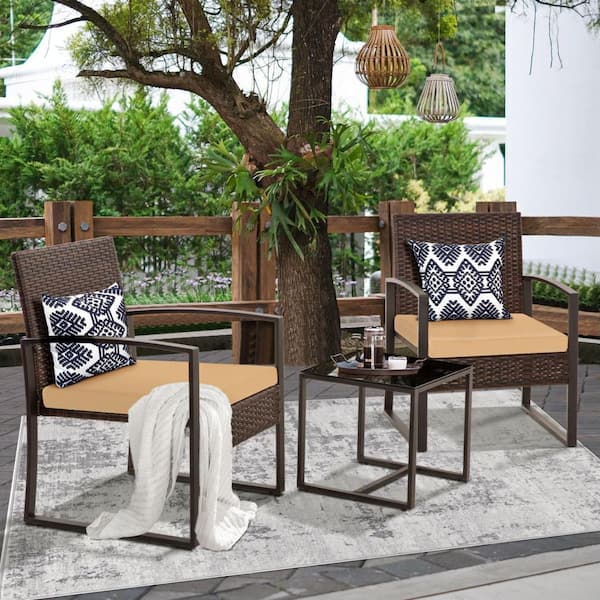 MIRAFIT 3-Piece Brown Frame Wicker Patio Conversation Set with Cushion Guard Brown Cushions