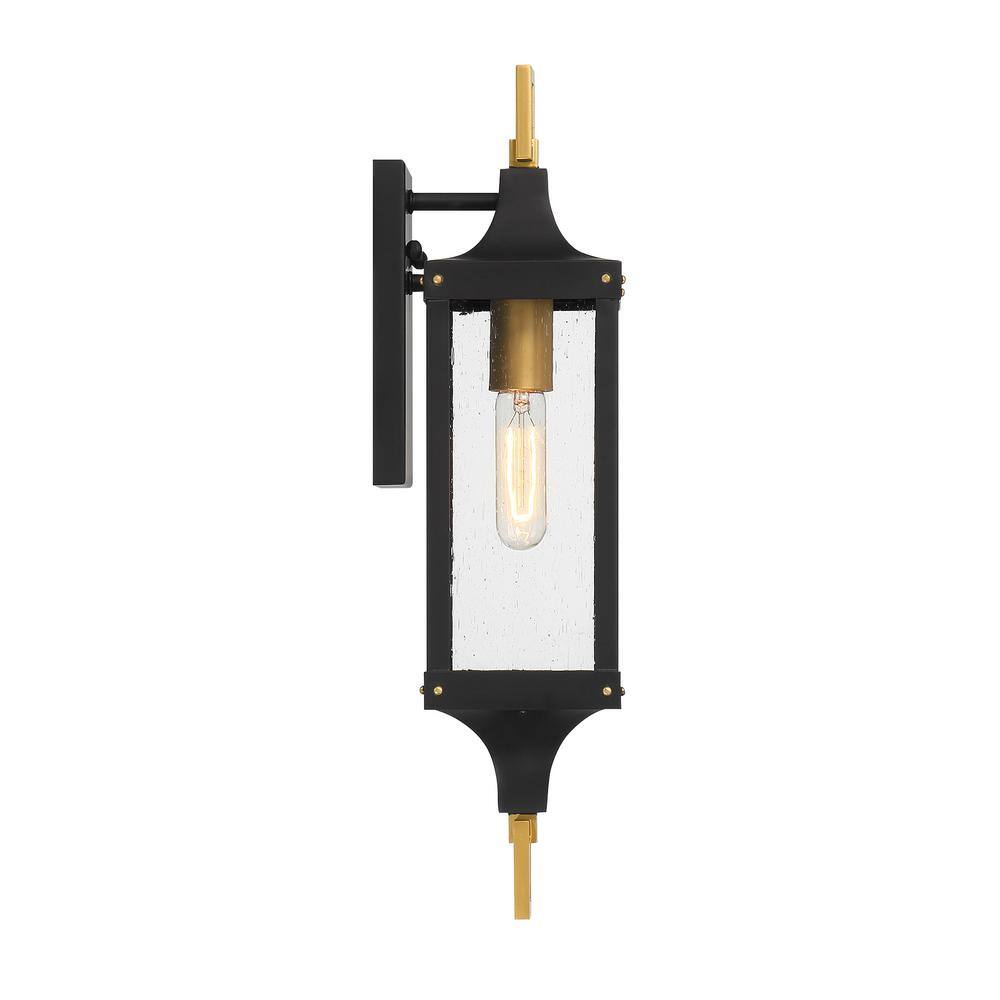 Matte Black and Brass Outdoor Wall Lantern with Clear Seeded Glass