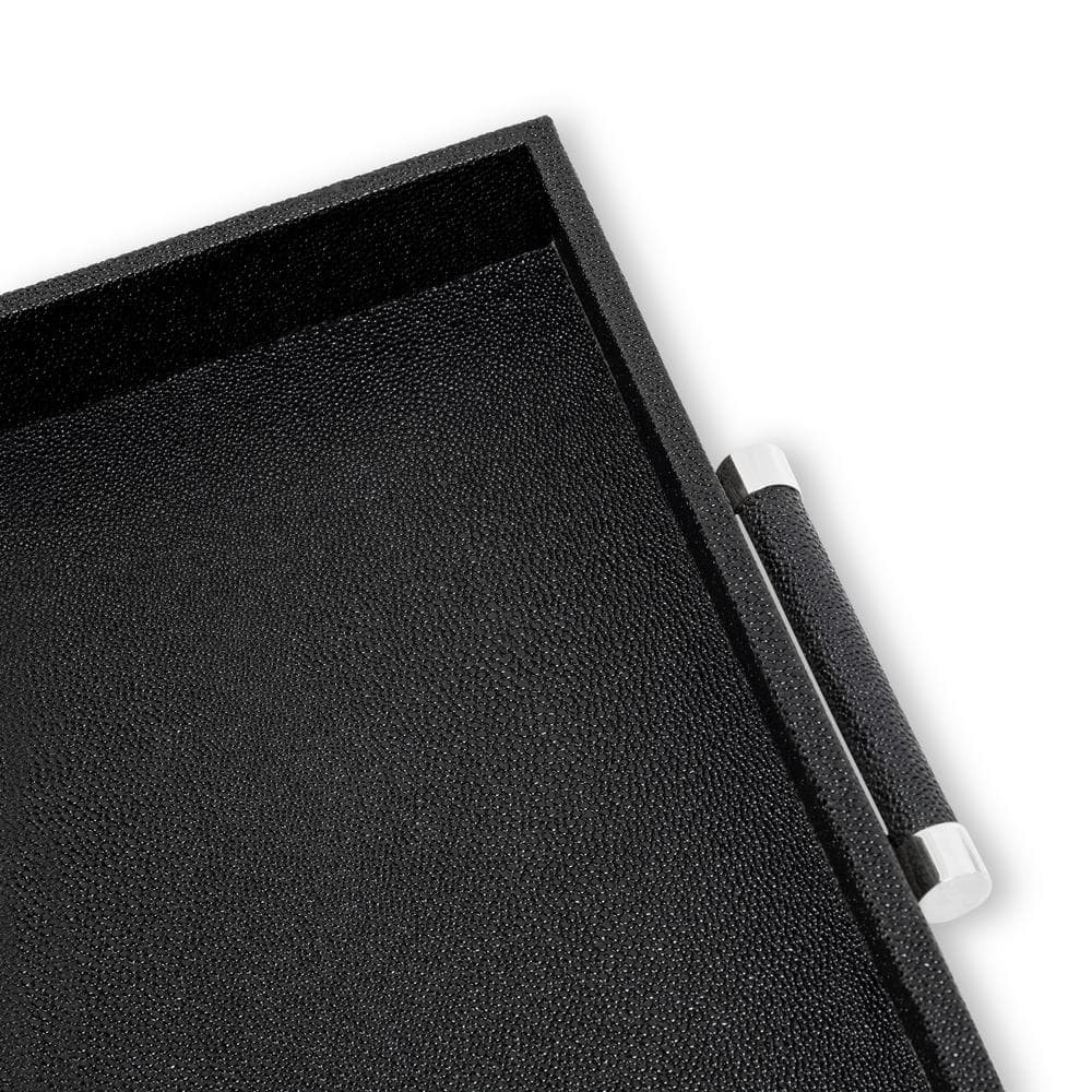 Black Shagreen Square Decorative Serving Tray with Silver Handles