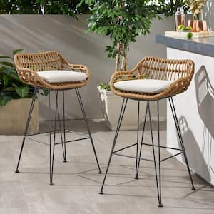 Dale Light Brown Faux Rattan Outdoor Bar Stool with Beige Cushions (2-Pack)