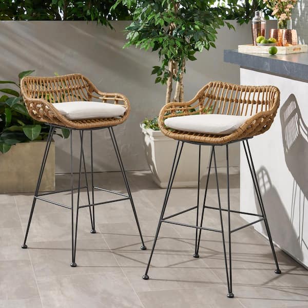 Outdoor Bar Stool With Beige Cushions, White Wicker Outdoor Bar Stool Set Of 4 By Christopher Knight Home