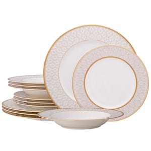 Noble Pearl White Bone China 12-Piece Dinnerware Set, Service For 4