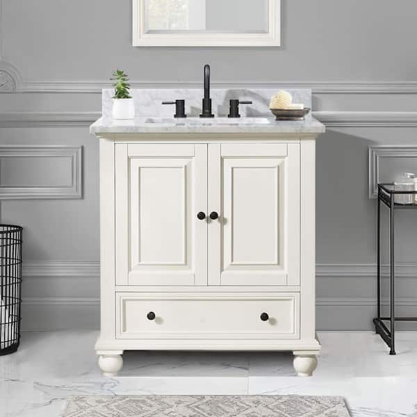 Avanity Thompson 31 in. Single Sink French White Bath Vanity with Carrara White Marble Top