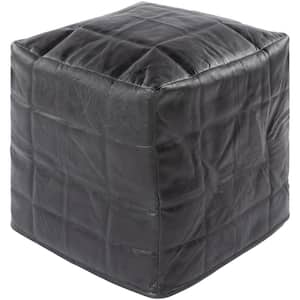 Lorryne Solid Black Leather Cube Accent Pouf