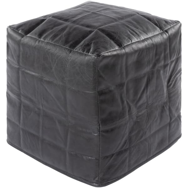 Livabliss Lorryne Solid Black Leather Cube Accent Pouf