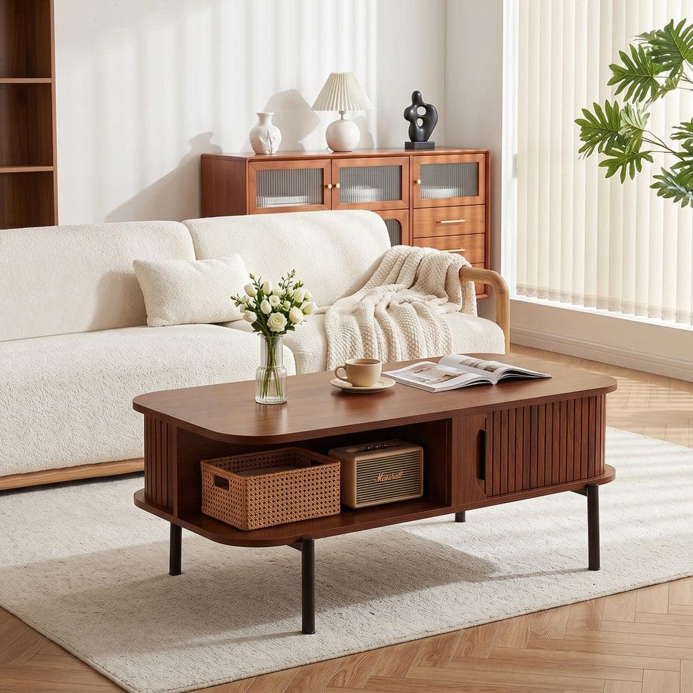 39.3 in. Walnut Brown Rectangle MDF Coffee Table with Sliding Fluted Door and Storage Shelves Modern Cabinet Table price history on PriceWatchPro