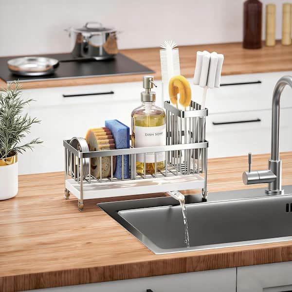 Silver Stainless Steel Sponge Holder with Rotatable Spout and Brush Storage