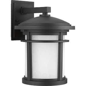 Wish Collection 1-Light Textured Black Etched White Linen Glass Craftsman Outdoor Medium Wall Lantern Light