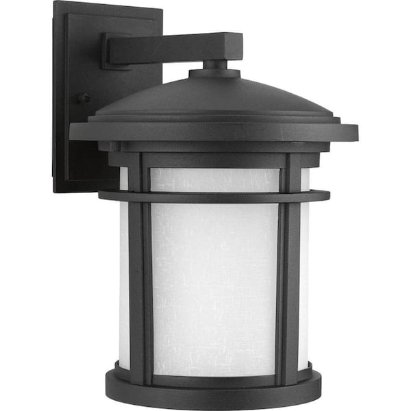 Progress Lighting Wish Collection 1-Light Textured Black Etched White Linen Glass Craftsman Outdoor Medium Wall Lantern Light