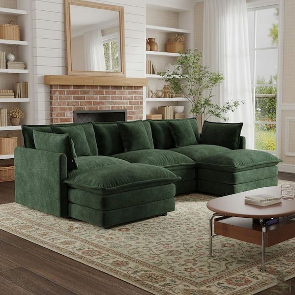 HEAT 111.5 in. Track Arm 5-Piece Chenille U-Shaped Sectional Sofa with Ottoman and Deep Seat, in Forest Green
