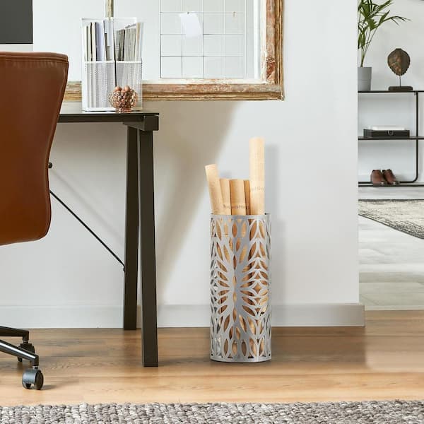Silver Metal Umbrella Stand with Detachable Drip Tray Hollow Design Rust-Resistant Organizer Round 16 in.