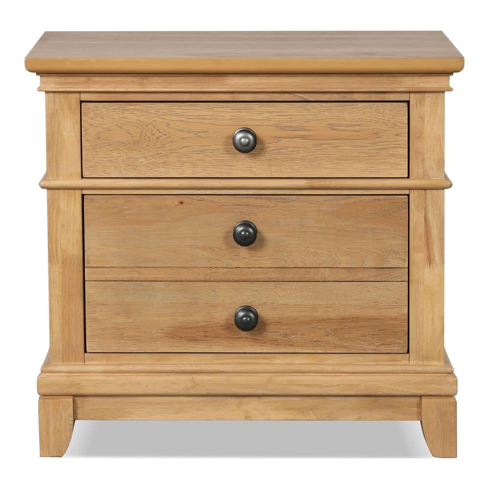 Natural Oak 2-Drawer Solid Wood Nightstand with Metal Knobs