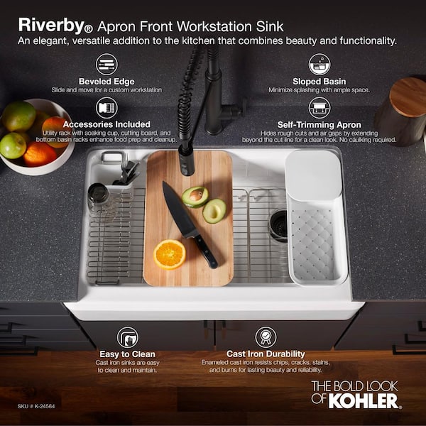 KOHLER Riverby Biscuit Cast Iron 35.6875 in. Single Bowl Farmhouse Apron Kitchen Sink